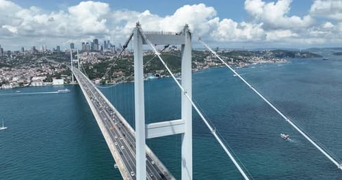 Istanbul Bosphorus Bridge and City Skyline in Background with Turkish Flag at Beautiful Sunset