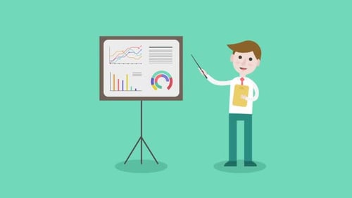 Animated Flat Design Character Presenting Business Data Charts