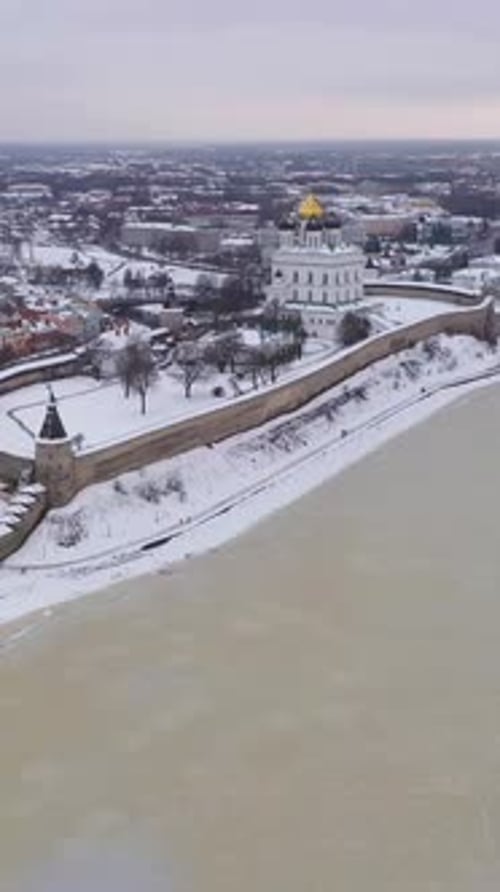 Pskov City and Kremlin in Winter Russia Aerial View Vertical Video