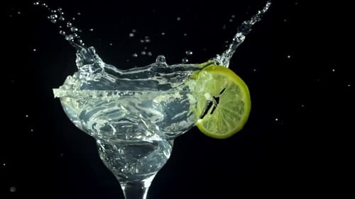 Ice Falls Into a Margarita Cocktail Filmed on a Highspeed Camera at 1000 Fps