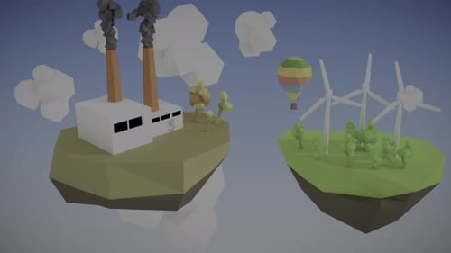 Contrasting eco friendly islands with polluting factory and renewable energy wind turbines