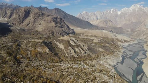 Aerial view of mountain range and river, Pakistan.