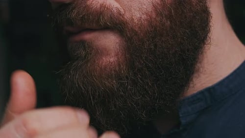 Man Examining Beard Closeup Of Man Assessing Beard Softness With Thoughtful Pause