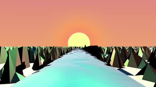 Retro Geometric Low Poly Landscape with River and Sunset