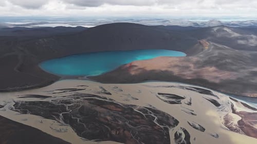 Aerial View of Blue Crater Lake and Volcanic Terrain in Iceland