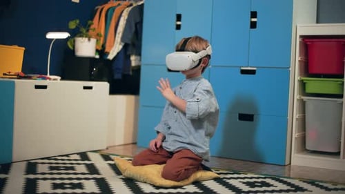 Modern Education of Children Smart Little Male Child in Via Glasses Studying School Lessons Sitting