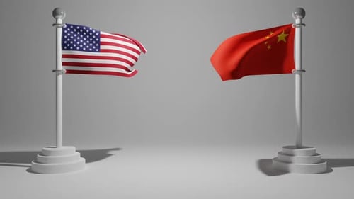 Waving United States and China Desk Flags Loop