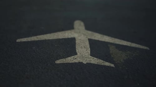 Airplane sign painted on airport runway, close up