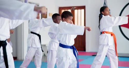 Martial Arts Students Practice Kicks and Punches