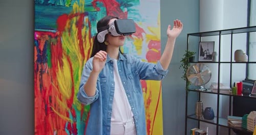 Woman Experiencing Virtual Reality with VR Headset