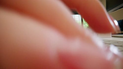 Closeup Female Young Hands Typing and Pressing a Button on a White Office Device Keyboard Nude