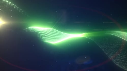 Energía verde brillante, ondas brillantes de pequeñas partículas y líneas, fondo abstracto