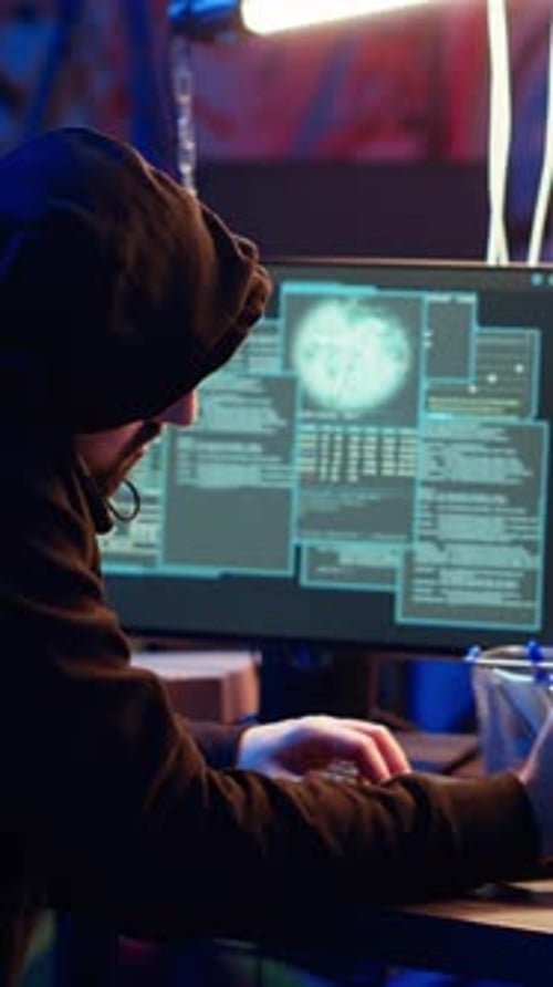 Vertical Video Hacker in Abandoned Warehouse Talking on Phone with Partner