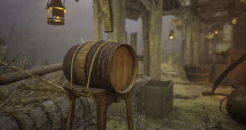 Rustic Wooden Barrel in Abandoned Workshop Surrounded By Dim Lighting