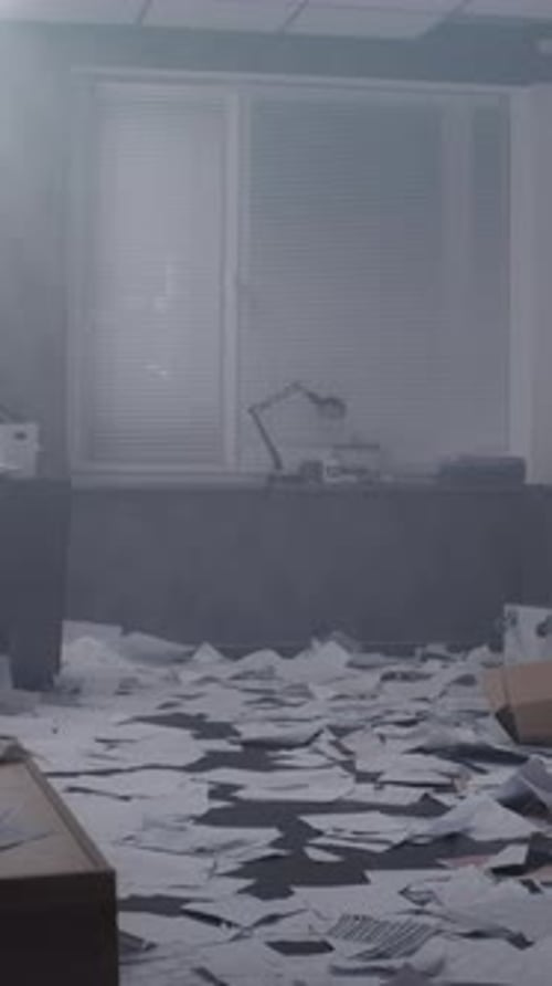 Office Robbery at Night or Murder Case Papers and Equipment Scattered at Crime Scene