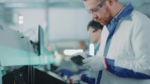 High-Tech Factory: Quality Control Engineer Picks up and Visually Checks Smart Electronic Device fo