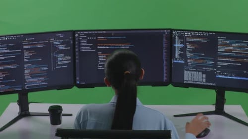 Müde Asiatin dehnt sich beim Schreiben von Code mit mehreren Computerbildschirmen auf grünem Bildschirm