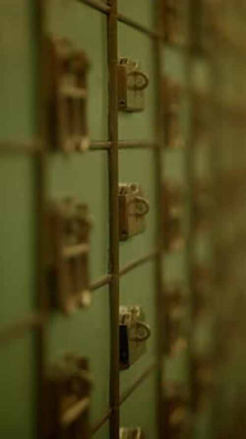 Rows of Metal Safety Deposit Boxes Close Up