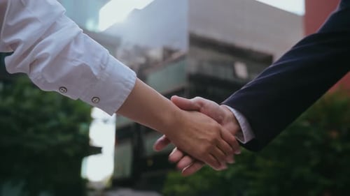 Businesspeople Shake Hands Standing on Street in City Downtown