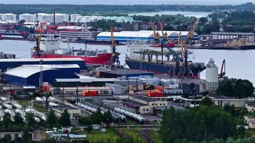 View of KS Terminal with Docked Cargo Ships in the Port of Riga, Latvia