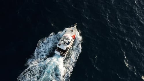 Speedboat Speeding And Cruising At Adriatic Sea To Catch Tuna Fish. - aerial
