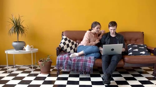 Couple using Laptop Sitting on Sofa Indoors