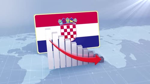 Croatia Flag With Decrease Bar Chart Graph And Arrow Red