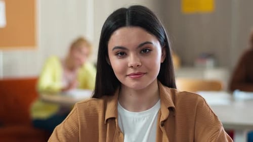 School Academy College Class Lesson Smiling Caucasian Pretty Pupil Student Female Girl Lady Woman