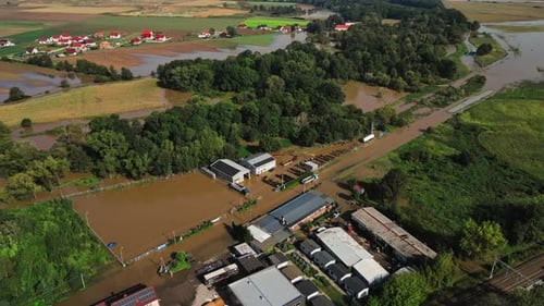 Flooded Suburban and Industrial Area After Heavy Rain Aerial Landscape View