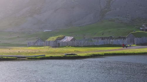 Beautiful Panoramic Aerial Shot of Viking Village Near Vestrahorn Mountain