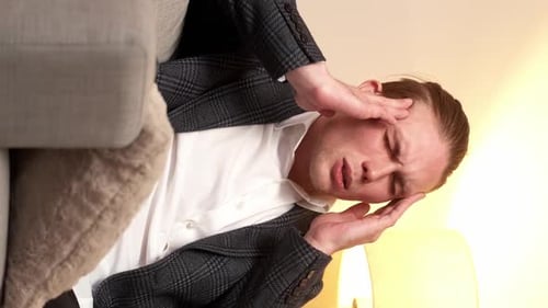 Man With Headache Sits on Couch