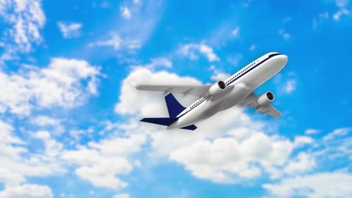 Cartoon Airplane Flying in Blue Sky with Clouds
