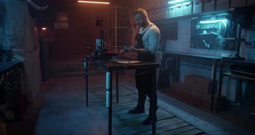 Engineer Standing at Workplace and Measuring Detail in Garage