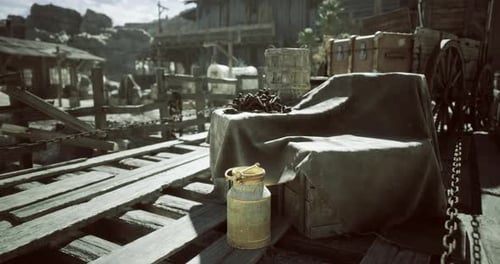 Western Style Wooden Dock with Rustic Items in Daylight