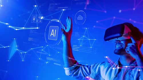 Utilisateur enthousiaste dans un environnement de réalité virtuelle utilisant des graphiques d'intelligence artificielle et