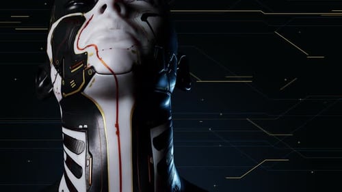 Face androïde théâtrale avec circuits numériques