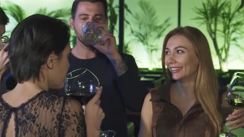 Group of Young People Joyfully Toasting with Drinks at a Vibrant Bar