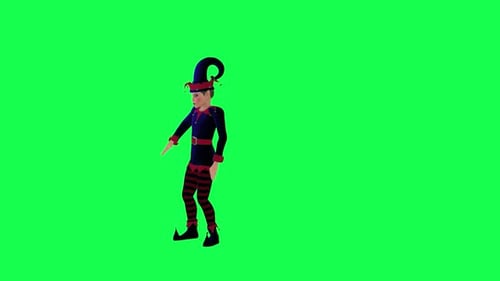 Cartoon clown elf dancing samba in party green screen from right angle