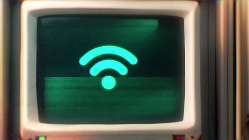Retro Wi-Fi Symbol Animation On Glitchy CRT Monitor Screen