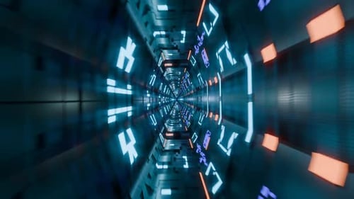 Futuristic 3d render, vj loop, technology tunnel with lights reflections metal