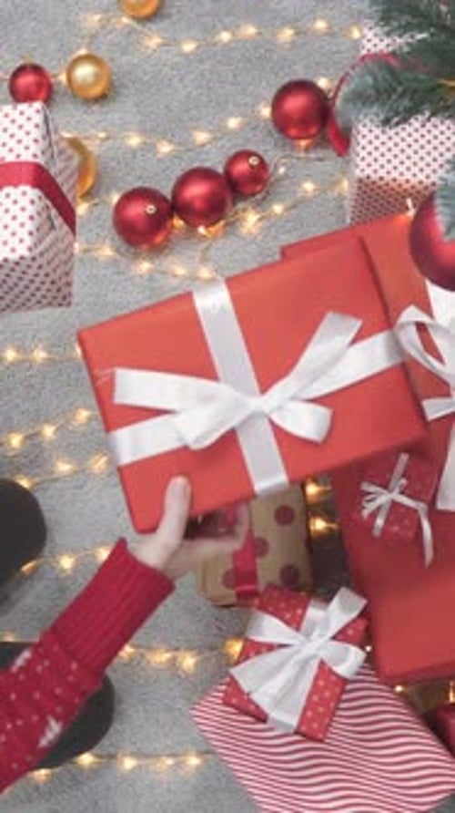 Woman Arranges Christmas Presents Under Tree, Top Down