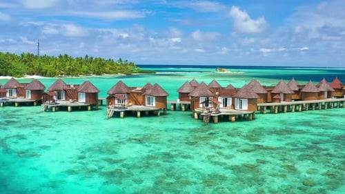Luxury Overwater Villas with Coconut Palm Trees Blue Lagoon White Sandy Beach at Bora Bora Island