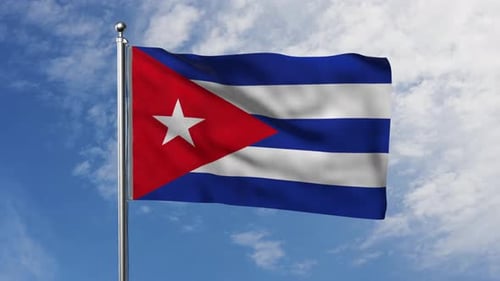 Cuban Flag Waving in Blue Sky with Clouds