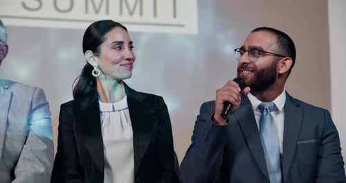 Corporate Discussion with Man and Woman at Meeting