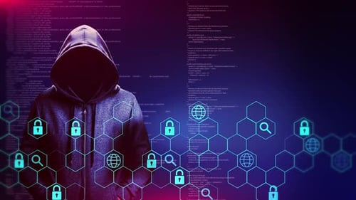 Anonymous Hacker in Cyber Network Security Code Background