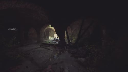 Dark Abandoned Brick Tunnel with Light Through Opening