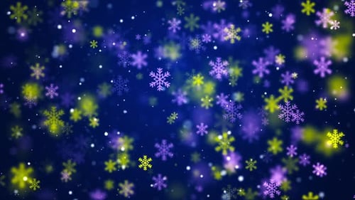 Animated Purple and Yellow Snowflakes Festive Winter Background