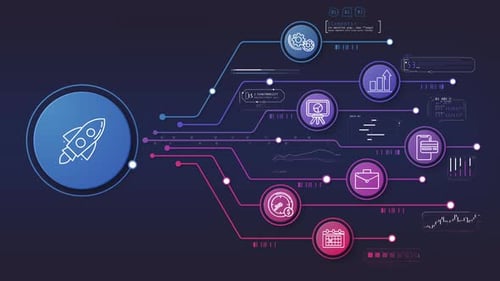 Futuristic Neon Startup Technology Infographic With Rocket Icon