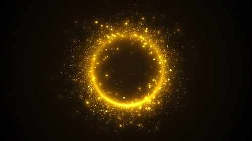 Goldener Partikelring auf schwarzem Hintergrund. Kreiser Rahmen funkelt und flackert. Goldenes, leichtes Glitzer-Tai