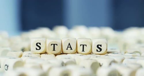 Slow motion macro of the word "stats" of the wooden letter blocks . Concept of financial market an